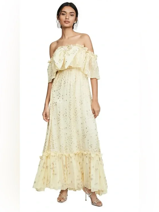 LoveShackFancy Ronny Metallic Star Maxi Dress in Sunflower Size 0 - Picture 1 of 12